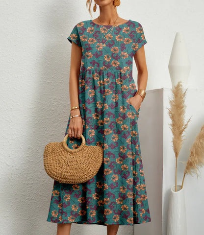 Loose Cotton Linen Sleeveless Printed Summer Dress