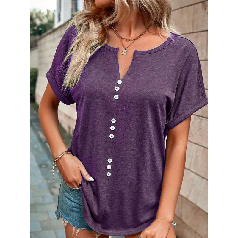Summer V-neck Short Sleeve Button Design Blouse - Trendy Attic Store01