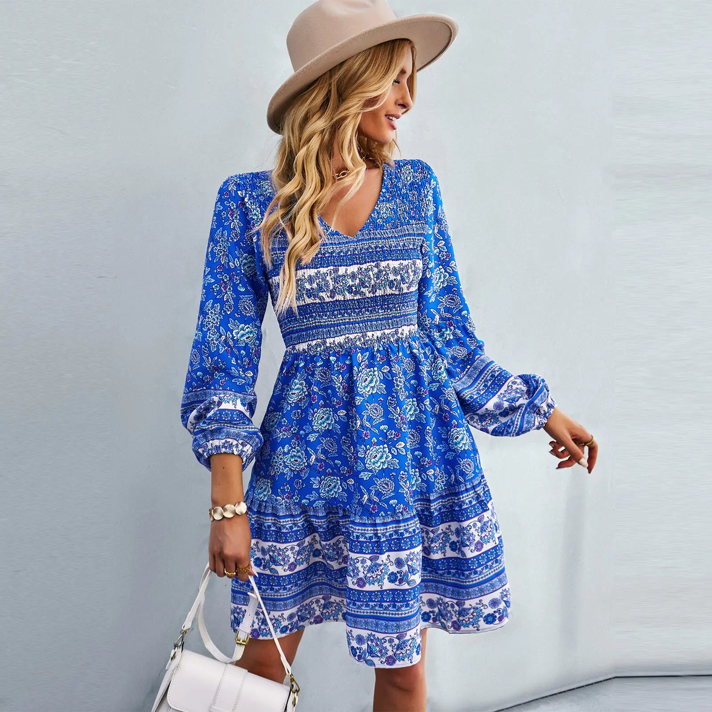 Bohemian Long Sleeve V-Neck Dress with Skirt