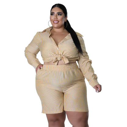 Plus Size Summer Two Piece Set for Women - Striped Shirt