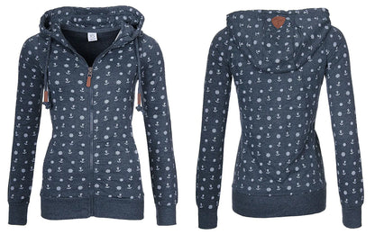 Hooded Zipper Print Fleece Sweater for Women