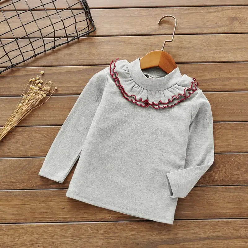 Girls' Solid Color Lace Round Neck T-shirt