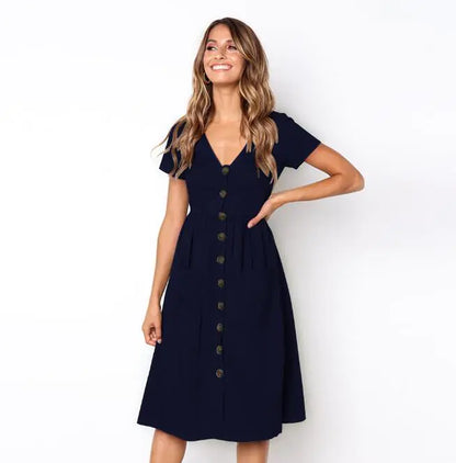 V-Neck Button Dress with Pockets