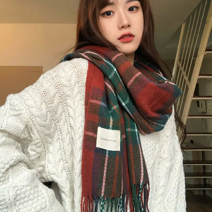 Versatile Retro Plaid Scarf with Tassels for Women