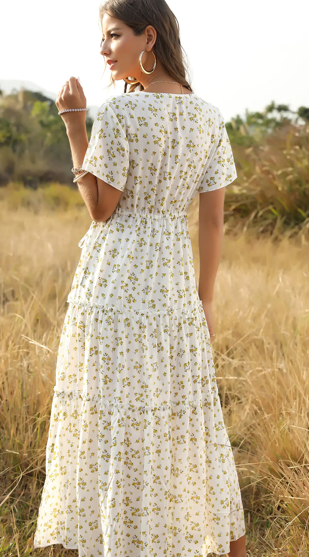 Bohemian Ruffled Floral Maxi Dress with V-Neck