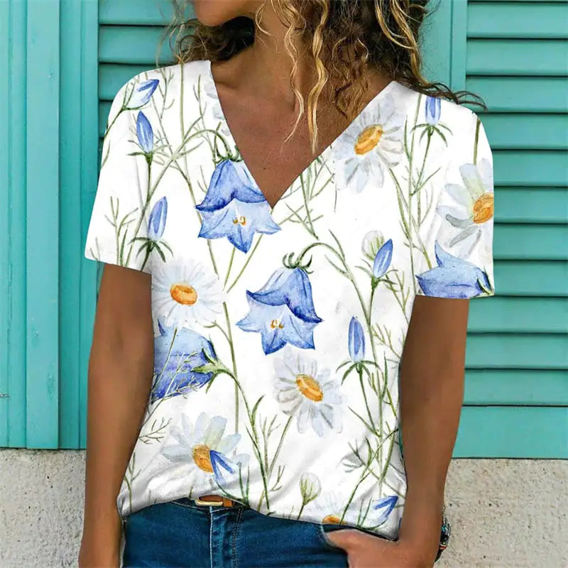 Women's V-Neck Short Sleeve Flower Print T-Shirt