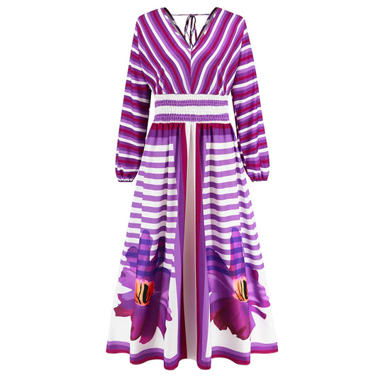Women's V-neck Long Sleeve Swing Printed Dress
