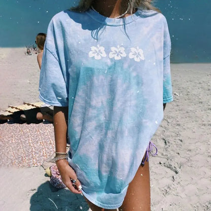 Blaues T-Shirt mit Blumenmuster für Damen – Lässige kurze Ärmel