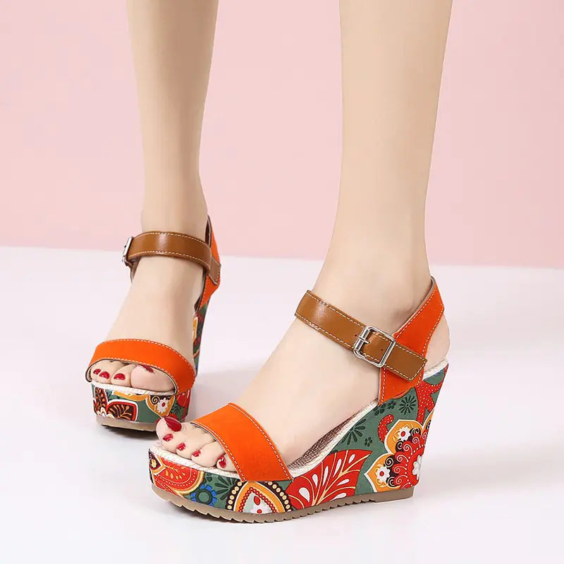 Embroidered High Wedge Platform Sandals for Women