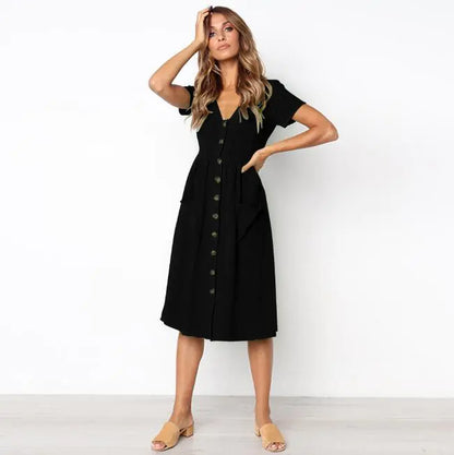 V-Neck Button Dress with Pockets