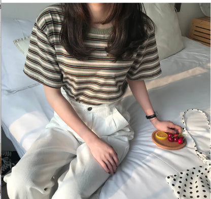 Loose Striped Short Sleeve T-Shirt for Women