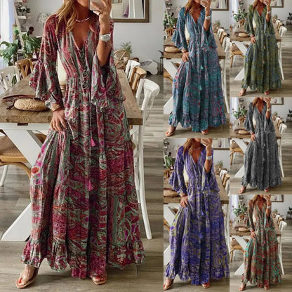 Bohemian Floral Print Maxi Dress with V-Neck