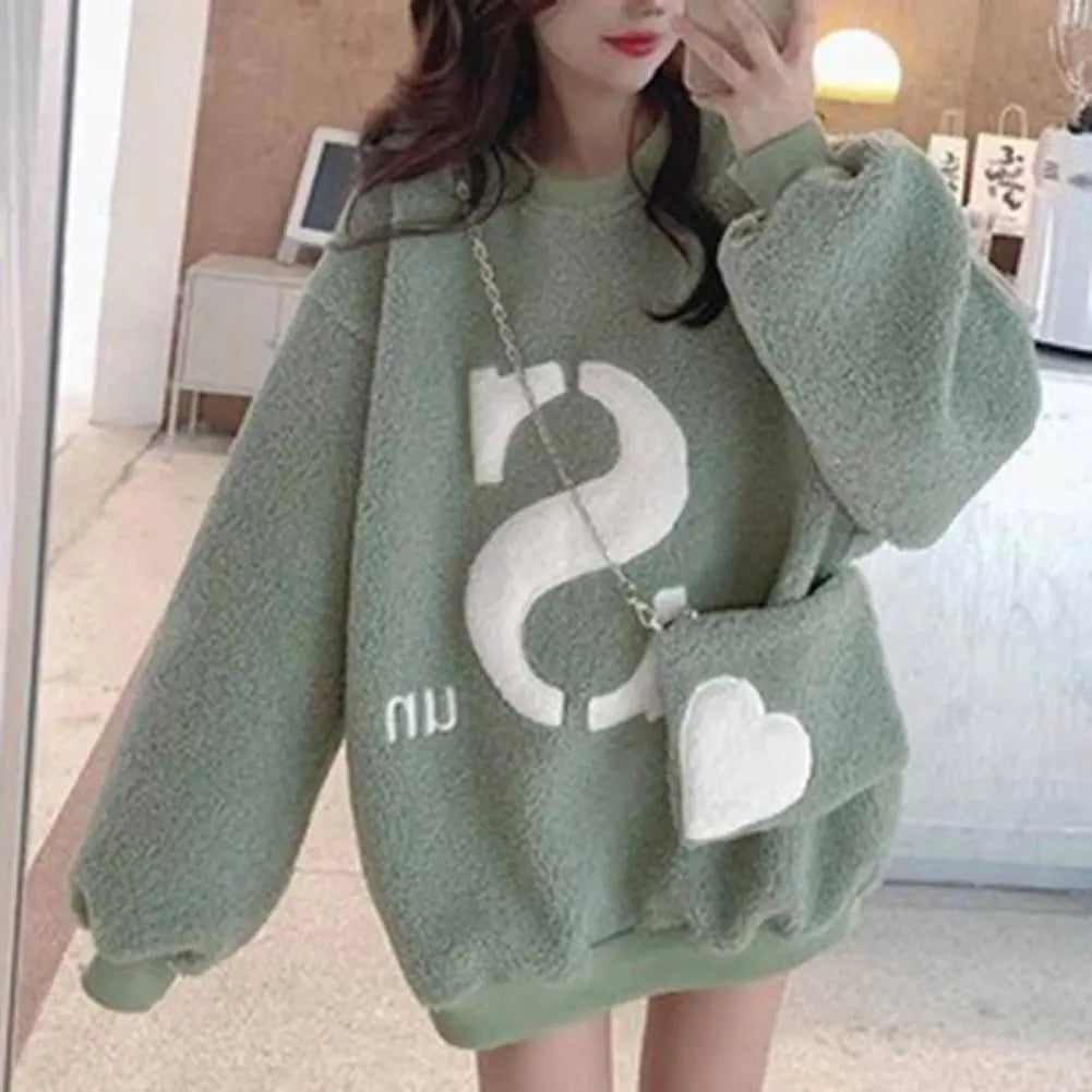 Women's Thick Plush Letter Sweatshirt with Crossbody Bag