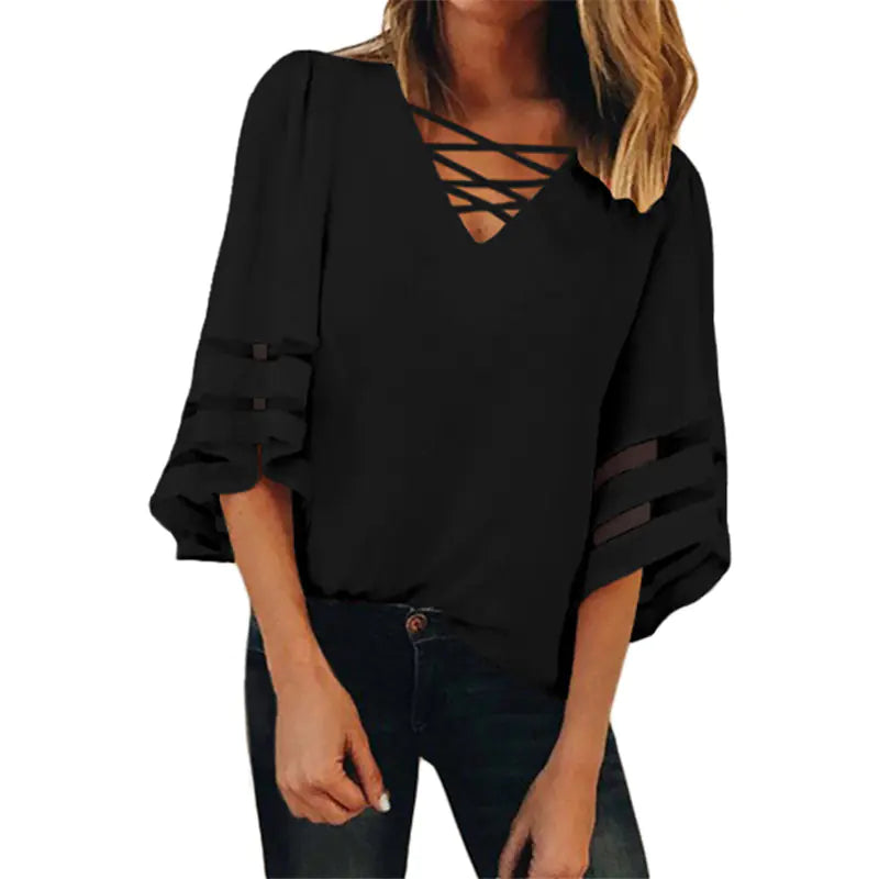 Mesh Stitching V-Neck T-Shirt for Women