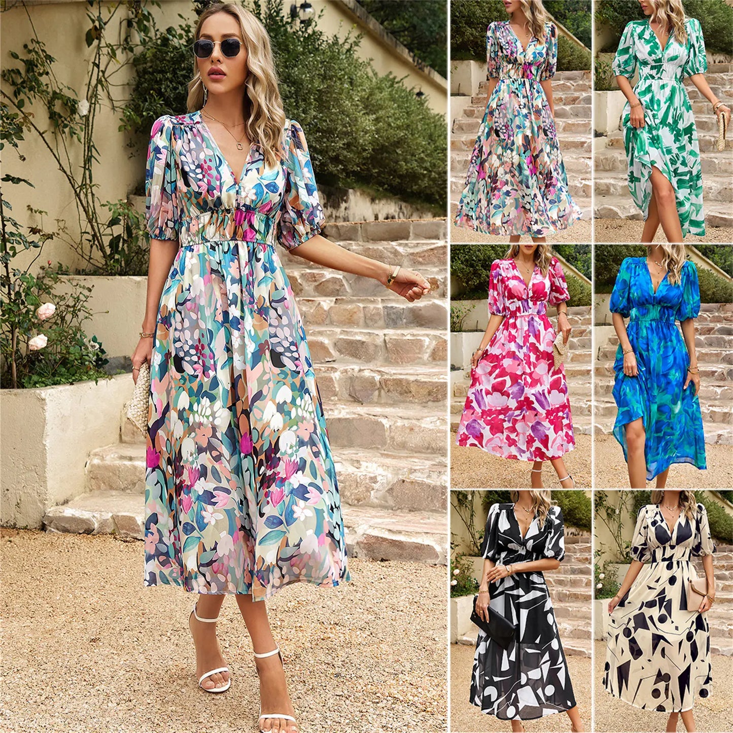 Geblümtes V-Ausschnitt-Sommerkleid von Dukun Design
