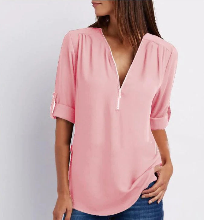 Plus Size V-Neck Long Sleeve Zip Chiffon Shirt
