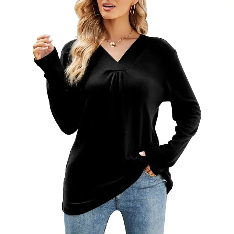 Women's Loose Fit V Neck Long Sleeve T-Shirt