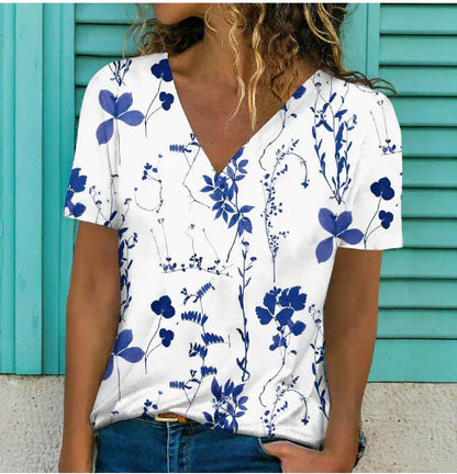 Women's V-Neck Short Sleeve Flower Print T-Shirt