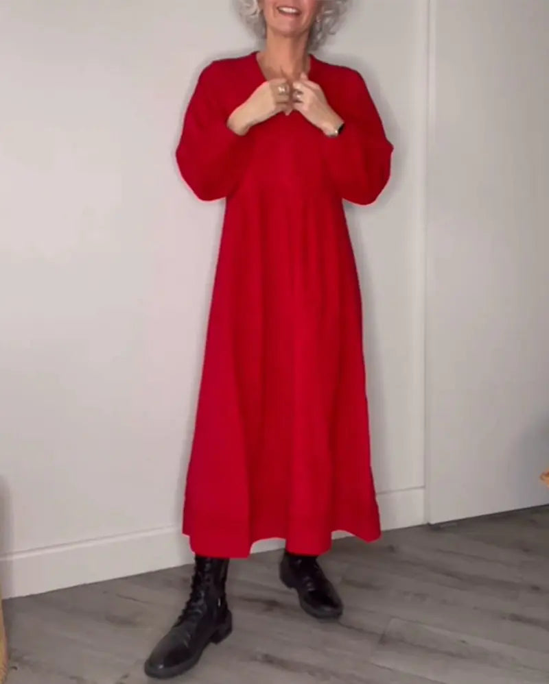 Vestido de cuello de pico de color liso para mujer otoño invierno