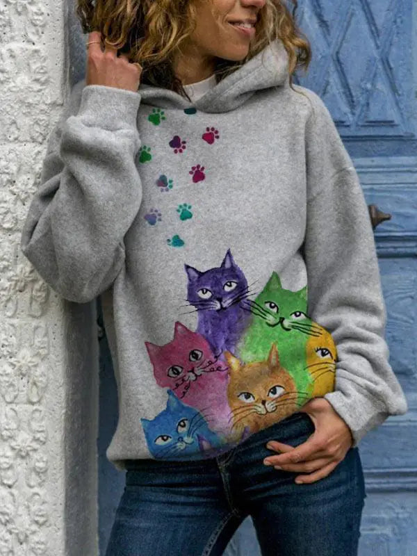 Hooded Long Sleeve Casual Digital Print Sweater for Women