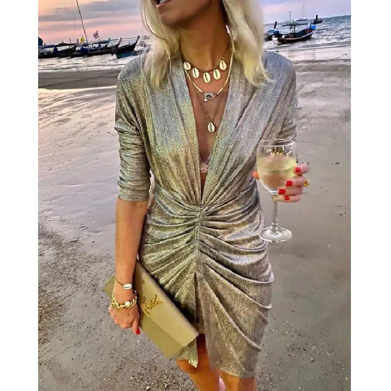 V-neck Pleated Long Sleeve Dress for Spring/Summer
