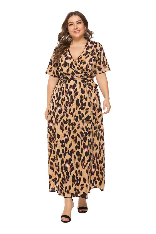Plus Size Leopard Print V-Neck Beach Maxi Dress