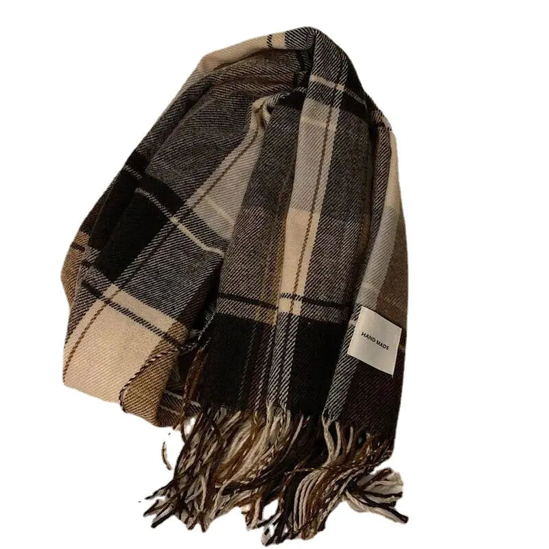 Versatile Retro Plaid Scarf with Tassels for Women