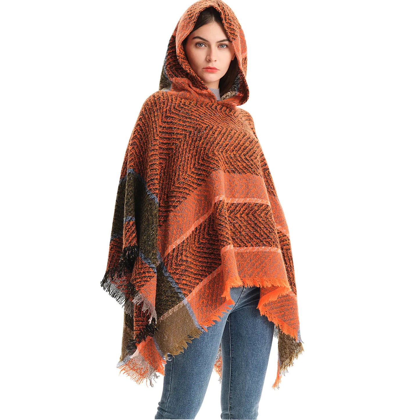 2022 Women's Hooded Houndstooth Cape Poncho