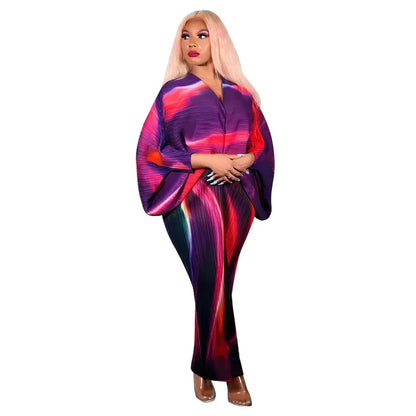 Hot Selling V-neck Bat Sleeve Printed Pleated Dress Stretch Fabric Dresses