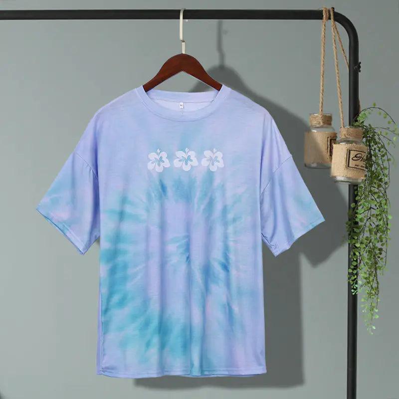 Blaues T-Shirt mit Blumenmuster für Damen – Lässige kurze Ärmel