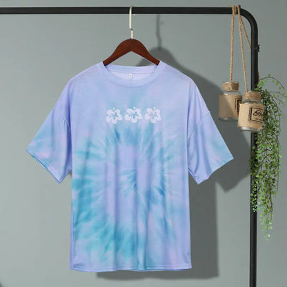 Blaues T-Shirt mit Blumenmuster für Damen – Lässige kurze Ärmel