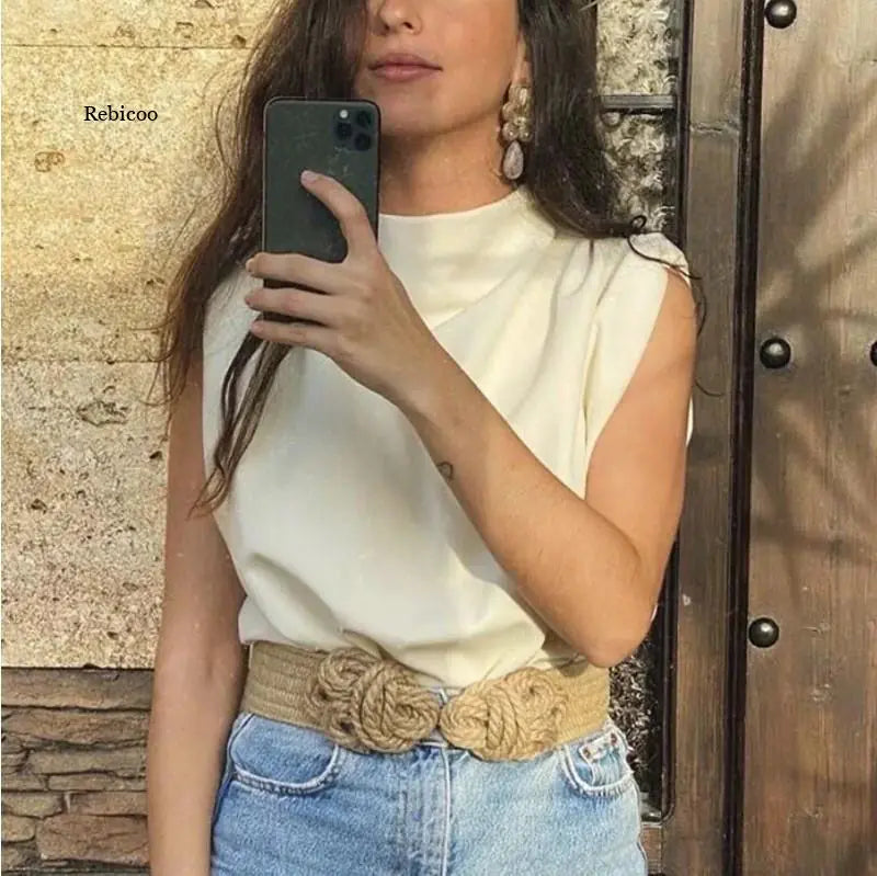 Women's Sleeveless Solid Color Round Neck Shirt