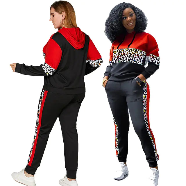 Plus Size Leopard Long Sleeve Hooded Tracksuit Set