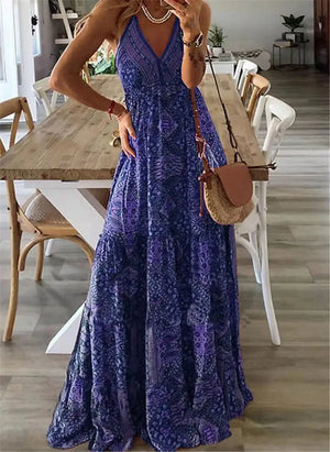 Vestido bohemio floral de talle alto y cuello de pico