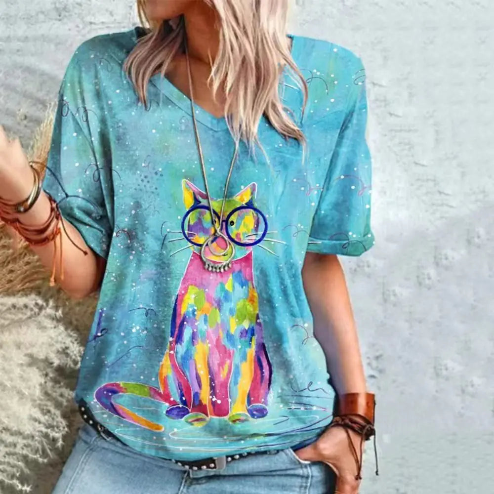 Sommerliches Damen-V-Ausschnitt-T-Shirt mit 3D-Druck