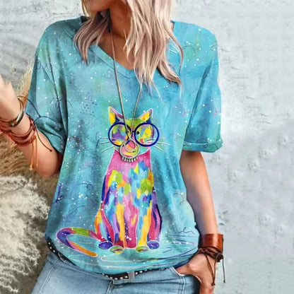 Sommerliches Damen-V-Ausschnitt-T-Shirt mit 3D-Druck