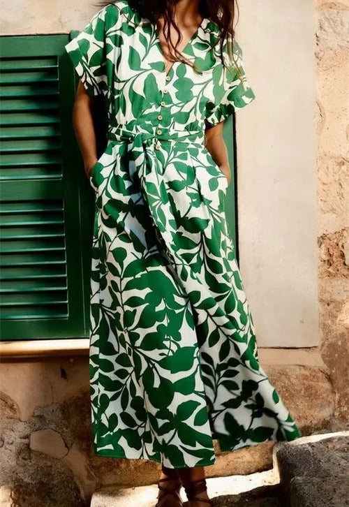 V-neck Single-breasted With Belt Printed Casual Dress