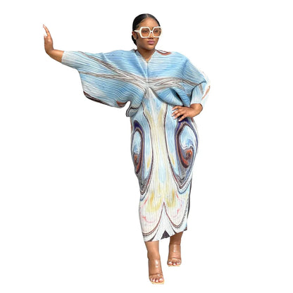 Hot Selling V-neck Bat Sleeve Printed Pleated Dress Stretch Fabric Dresses