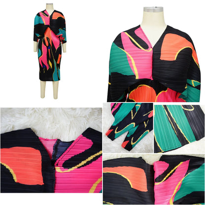 Hot Selling V-neck Bat Sleeve Printed Pleated Dress Stretch Fabric Dresses