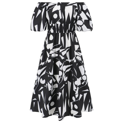 Sexy off Shoulder Bubble Sleeves Printed Maxi Dress Bohemian Dress