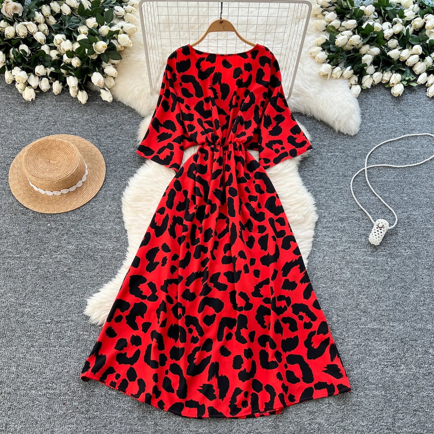 V-Neck Tunic Slim Casual Midi Dress