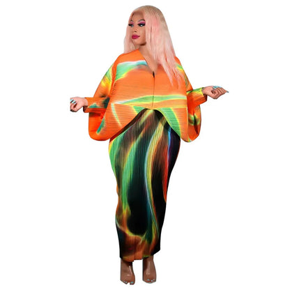 Hot Selling V-neck Bat Sleeve Printed Pleated Dress Stretch Fabric Dresses