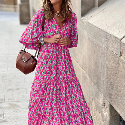 Women's Boho Floral Maxi Dress with Drawstring V Neck