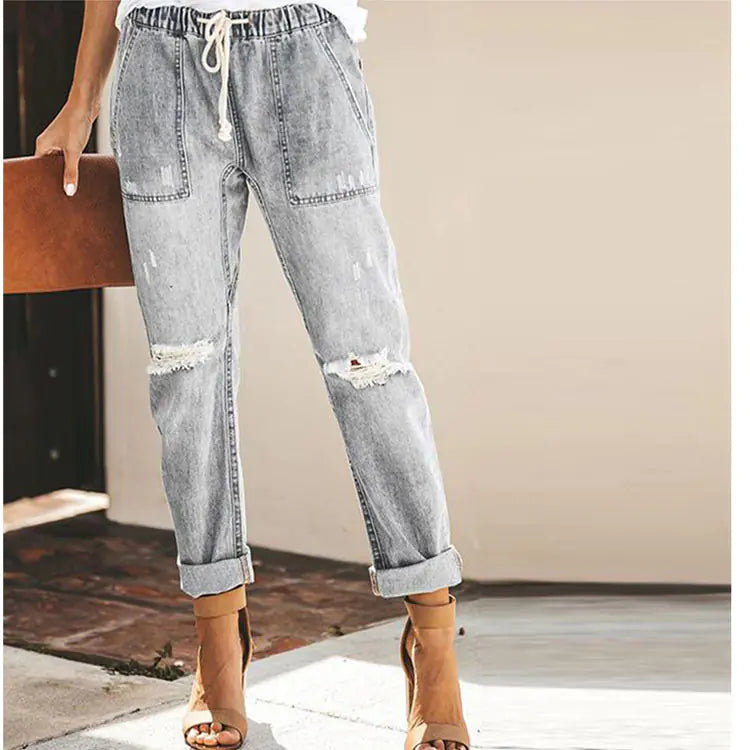 Women's Straight Ripped Jeans with Drawstring and Pockets