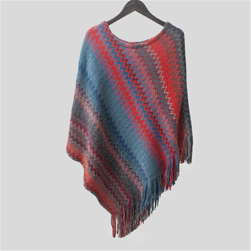 Wavy Batwing Knit Poncho with Fringe Sweater Coat
