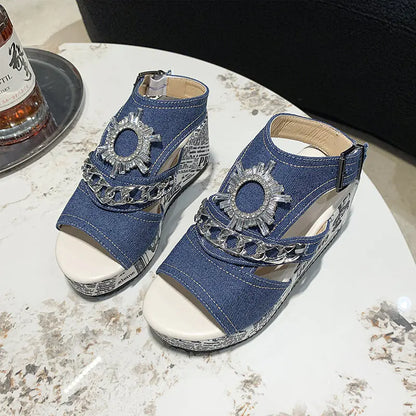 Women's Denim Wedge Sandals with Thick Sole and Buckle