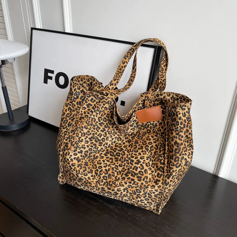 Leopard Print Large Capacity Canvas Tote Handbag
