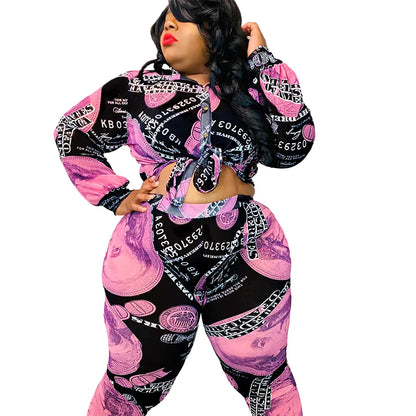 Plus Size Spring Women's Printed Shirt and Pants Set