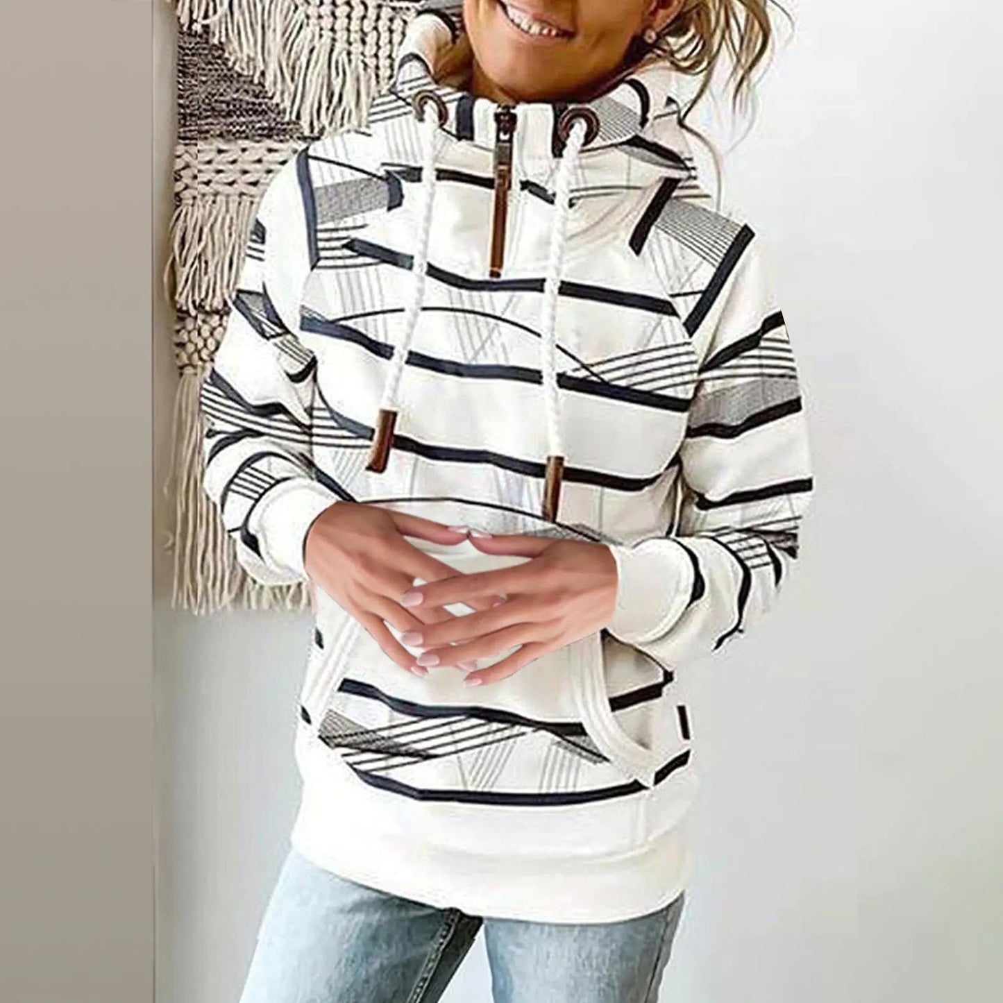 High Neck Printed Fleece Sweater for Women