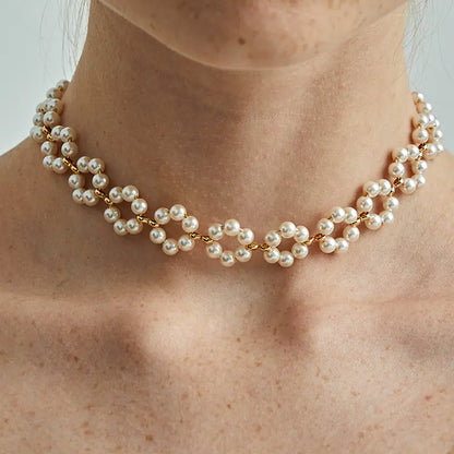 Floral Pearl Choker Necklace - Elegant Woven Design